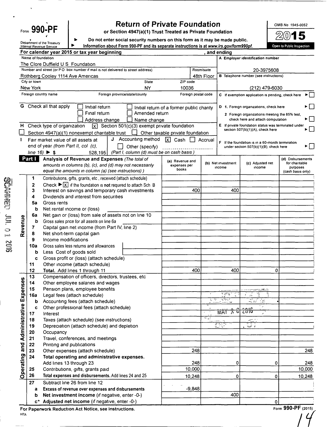 Image of first page of 2015 Form 990PF for Clore Duffield Us Foundation