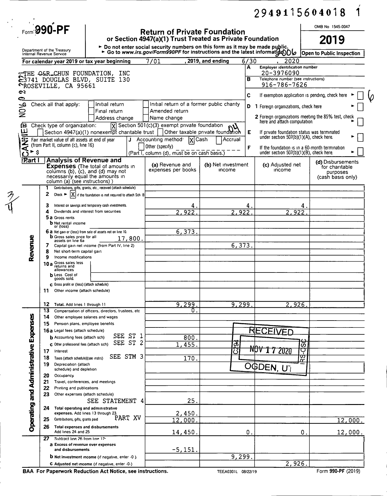 Image of first page of 2019 Form 990PF for The O&R Chun Foundation
