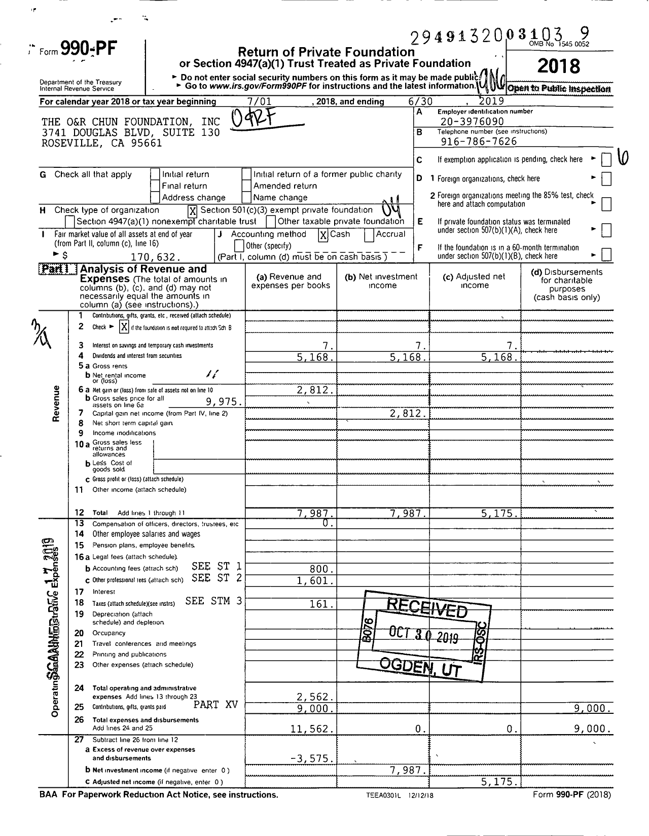 Image of first page of 2018 Form 990PF for The O&R Chun Foundation