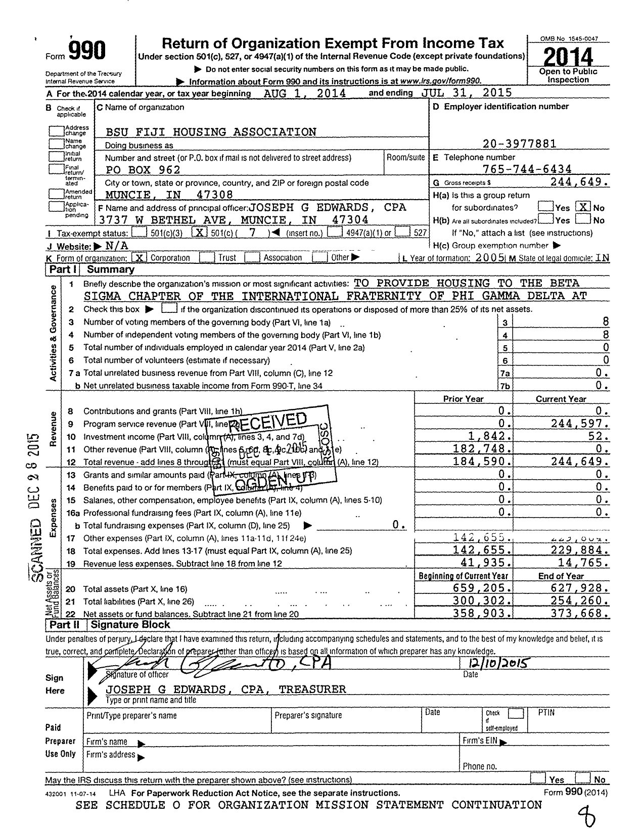 Image of first page of 2014 Form 990O for Phi Gamma Delta Fraternity - Bsu Fiji Housing Authority