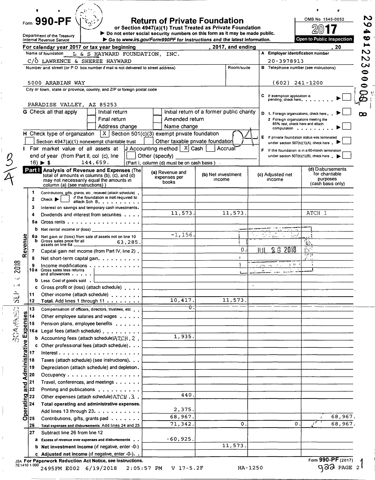 Image of first page of 2017 Form 990PF for L & S Hayward Foundation