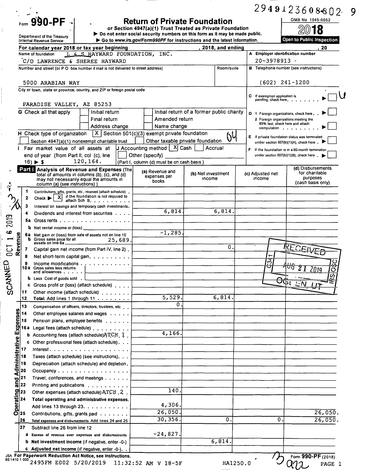 Image of first page of 2018 Form 990PF for L & S Hayward Foundation