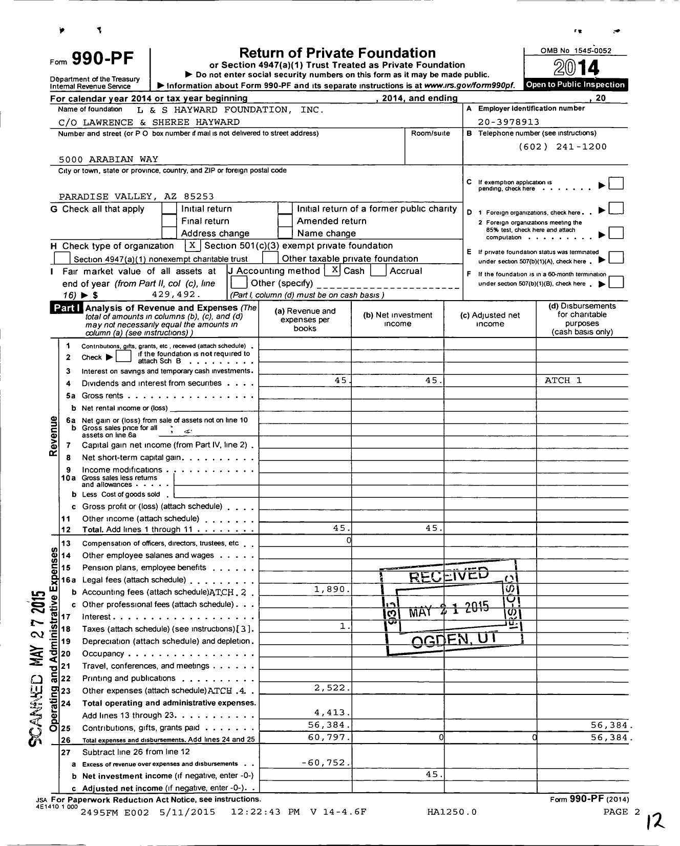 Image of first page of 2014 Form 990PF for L & S Hayward Foundation