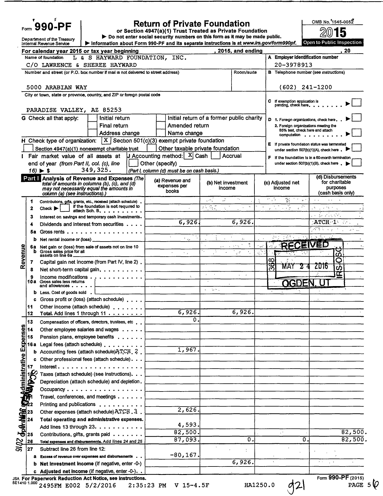 Image of first page of 2015 Form 990PF for L & S Hayward Foundation