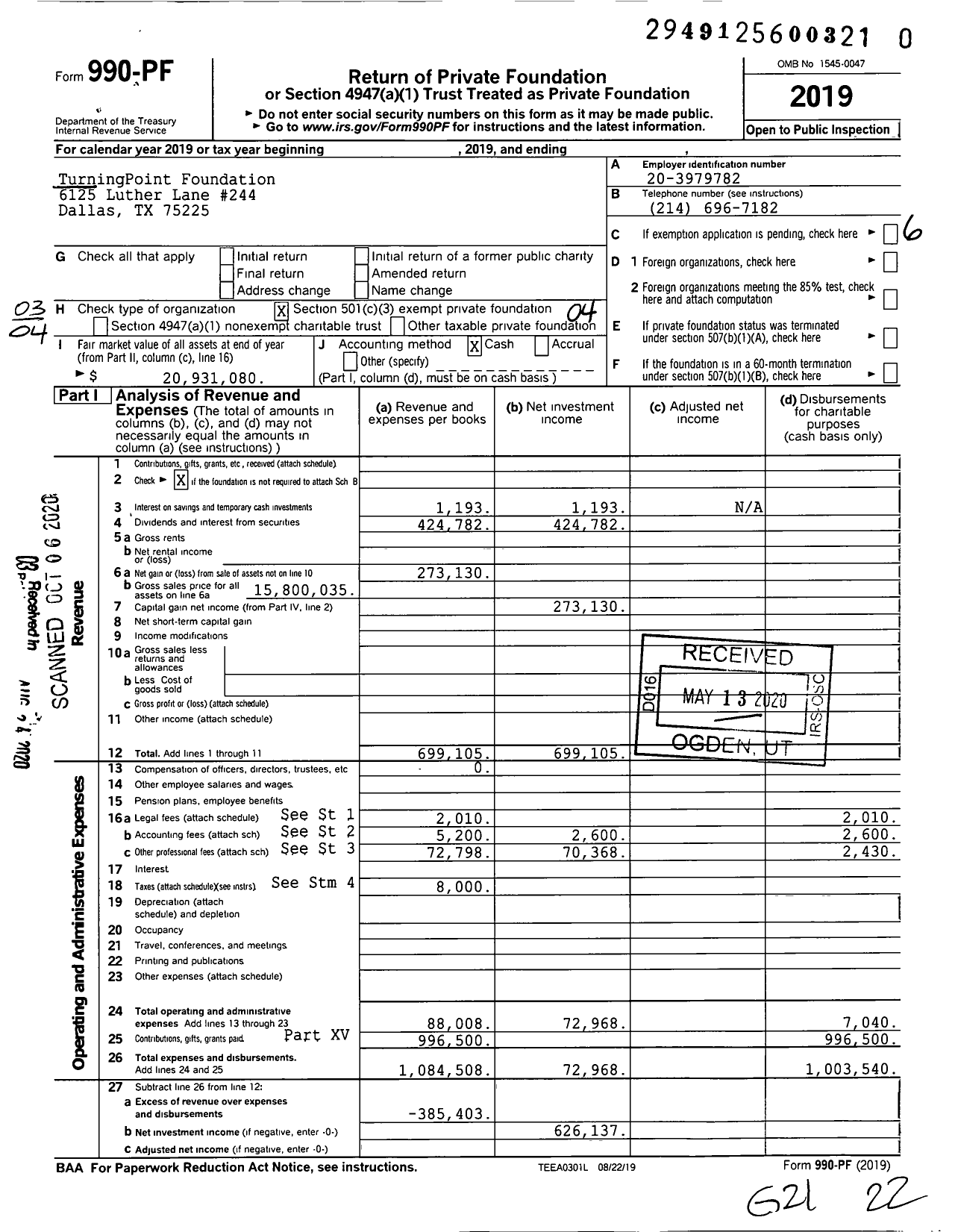 Image of first page of 2019 Form 990PR for Turningpoint Foundation