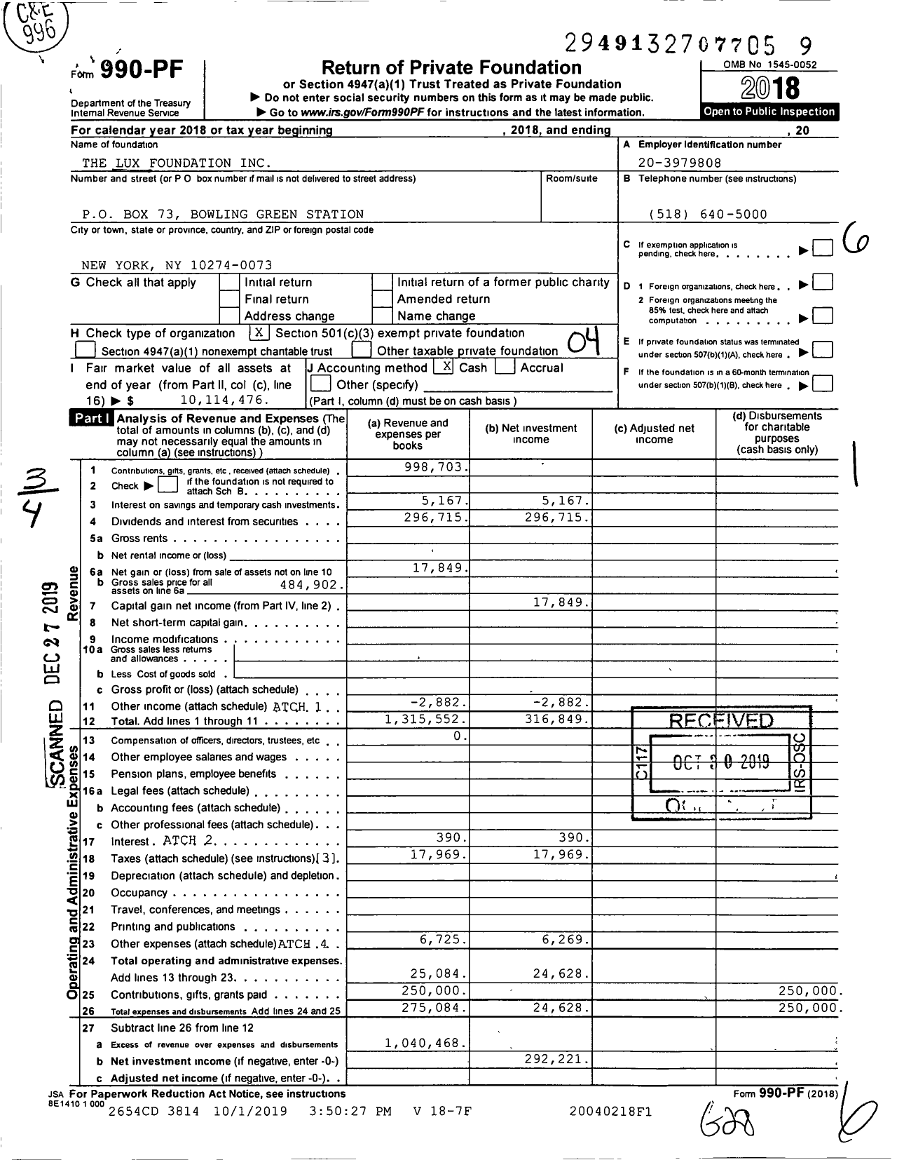 Image of first page of 2018 Form 990PF for The Lux Foundation
