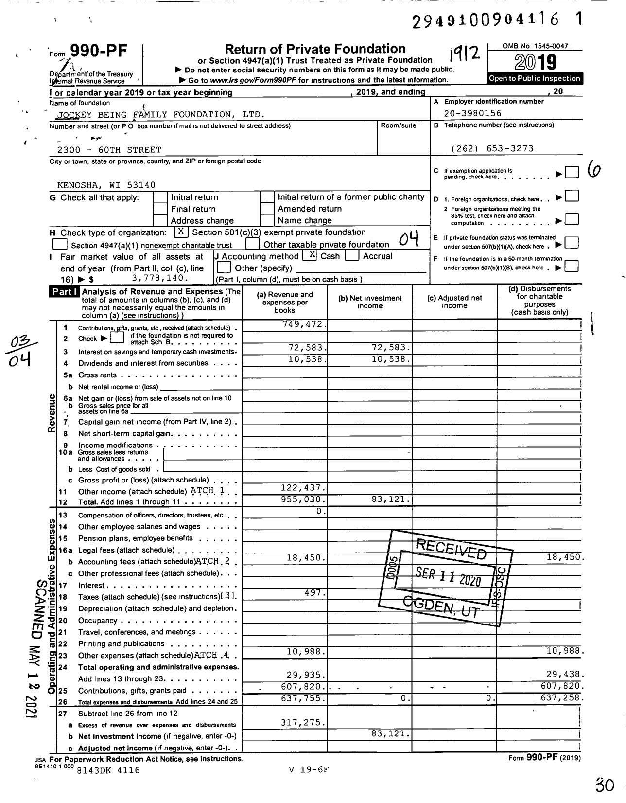 Image of first page of 2019 Form 990PF for Jockey Being Family Foundation