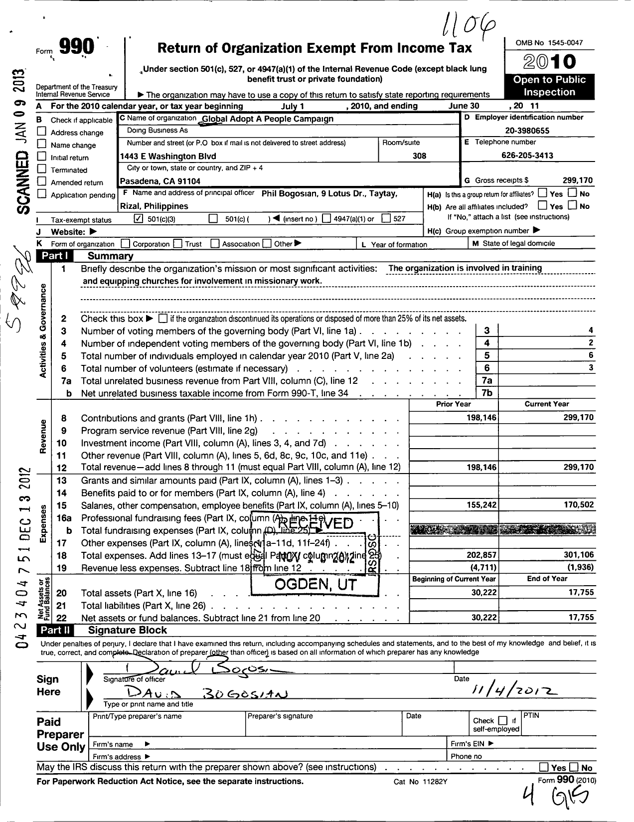 Image of first page of 2010 Form 990 for Global Adopt A People Campaign