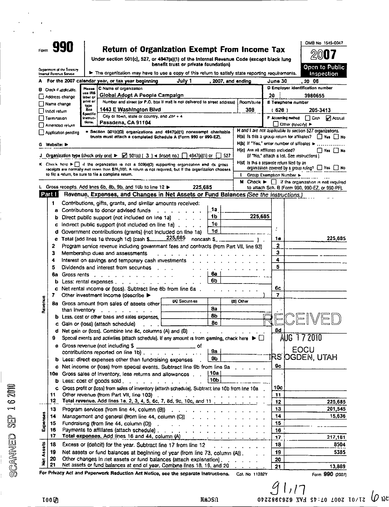 Image of first page of 2007 Form 990 for Global Adopt A People Campaign