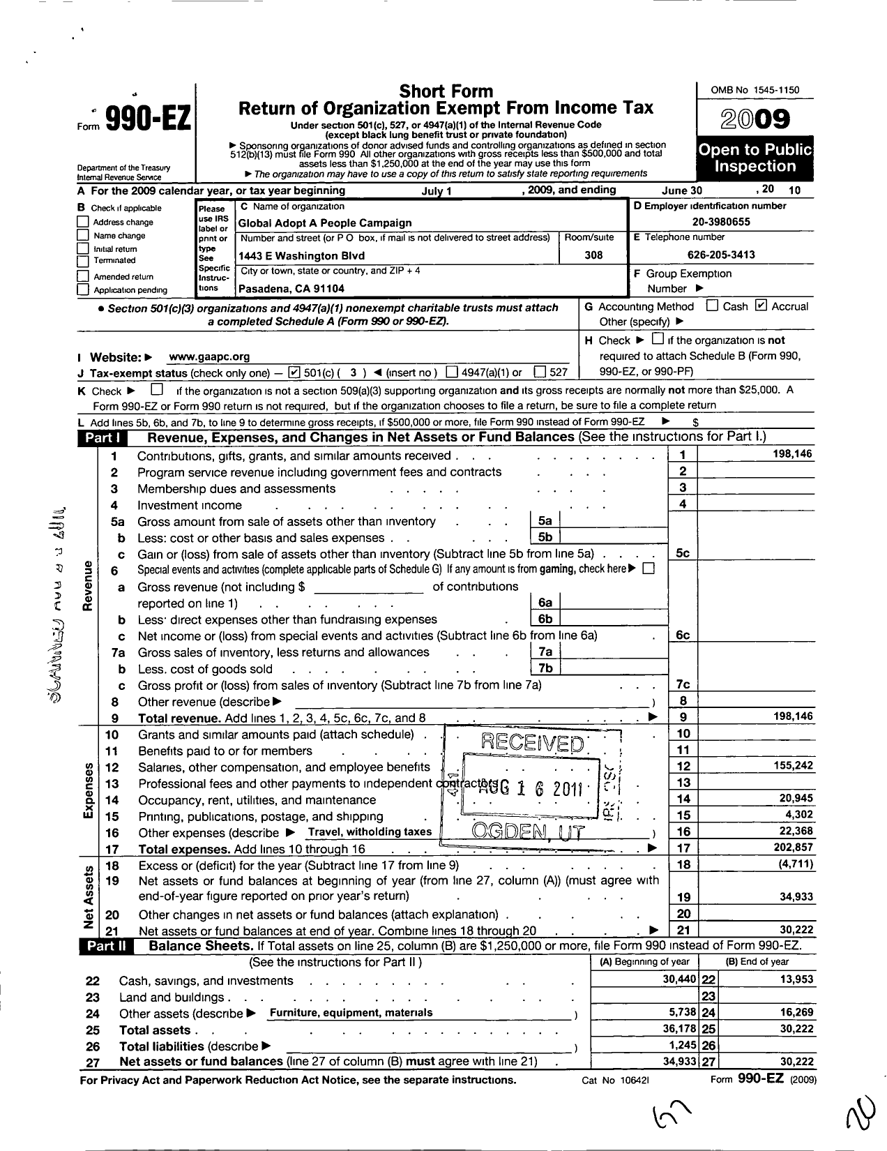 Image of first page of 2009 Form 990EZ for Global Adopt A People Campaign