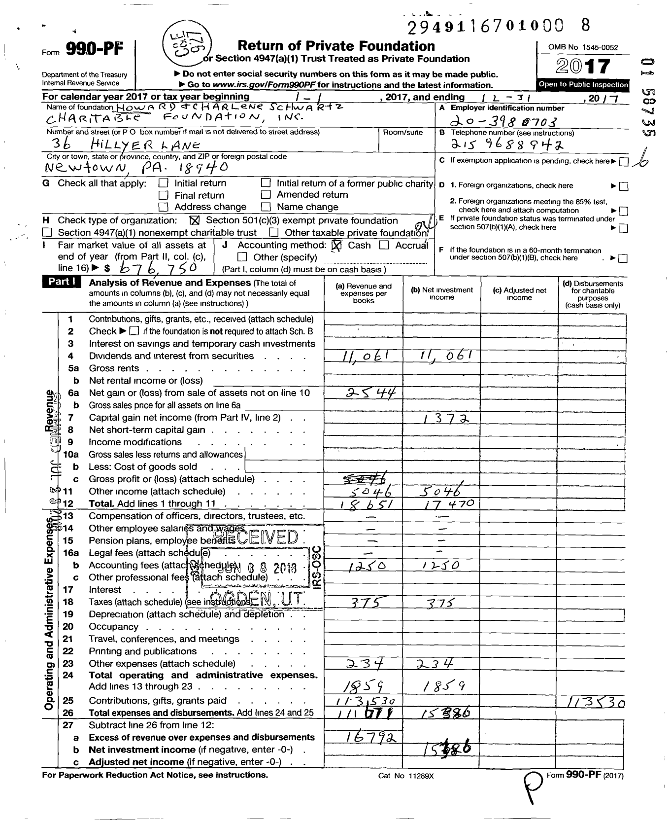 Image of first page of 2017 Form 990PF for Howard and Charlene Schwartz Charitable Foundation