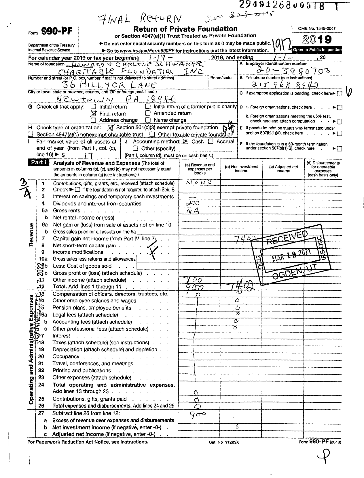 Image of first page of 2019 Form 990PF for Howard and Charlene Schwartz Charitable Foundation