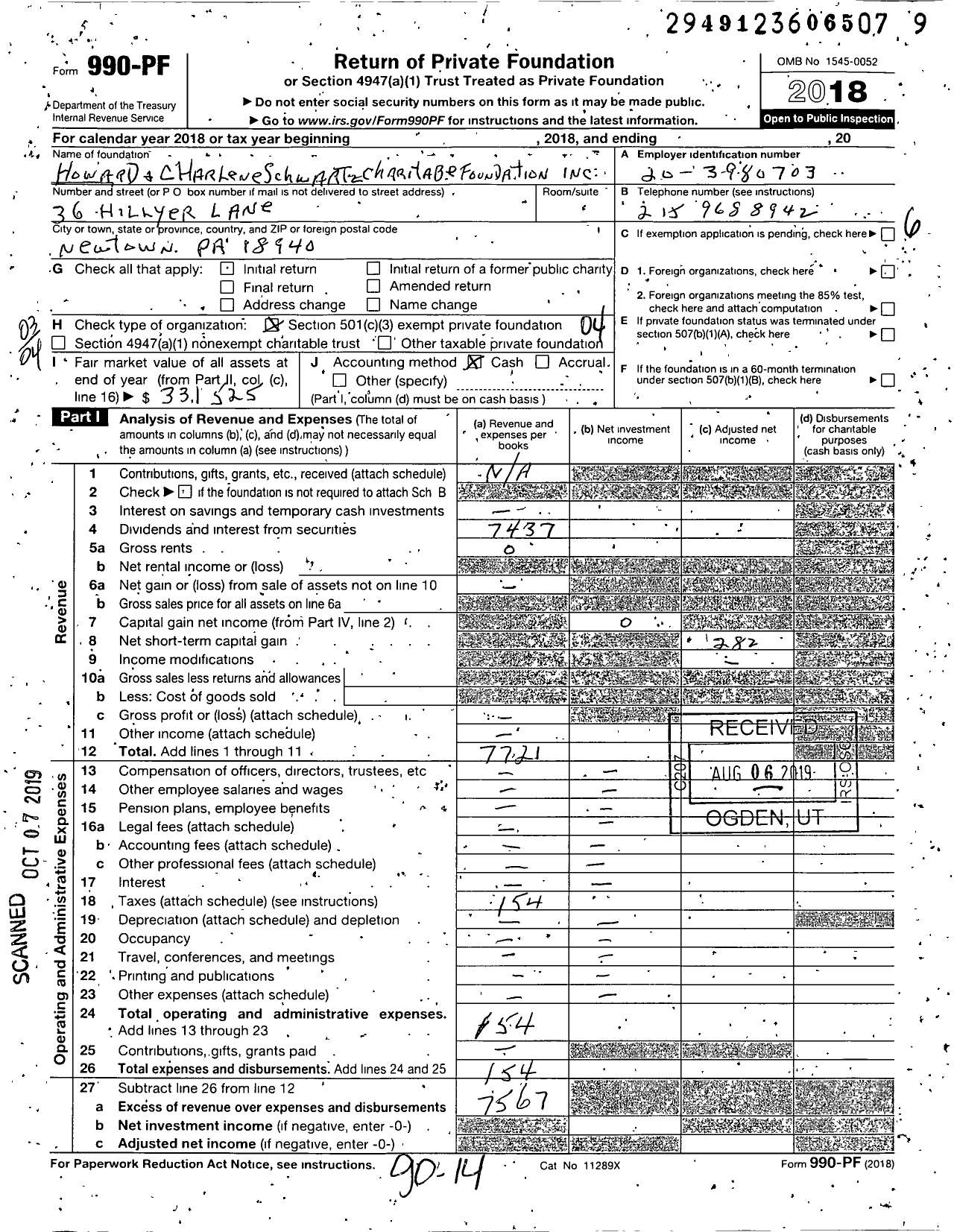 Image of first page of 2018 Form 990PF for Howard and Charlene Schwartz Charitable Foundation