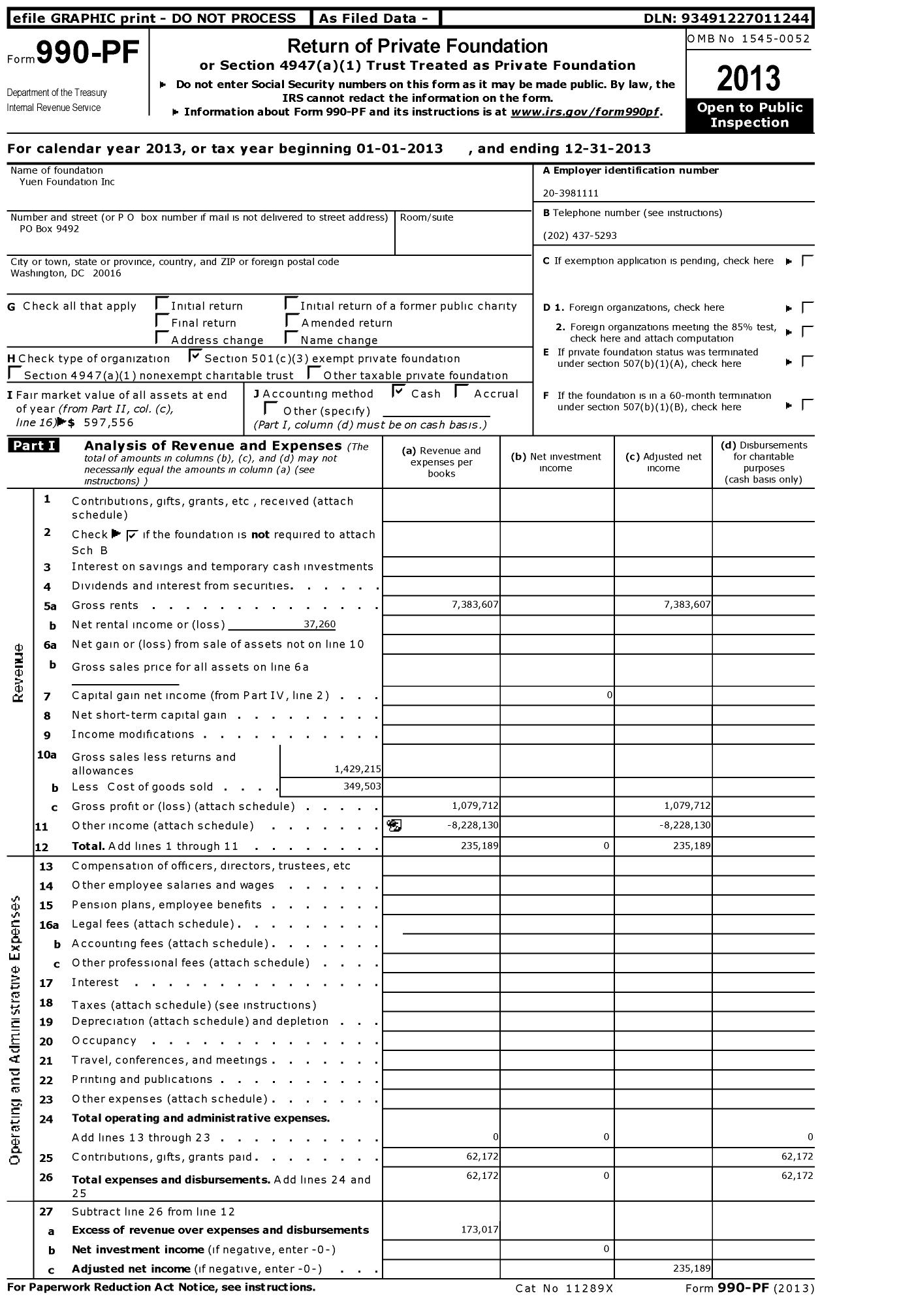 Image of first page of 2013 Form 990PF for Yuen Foundation