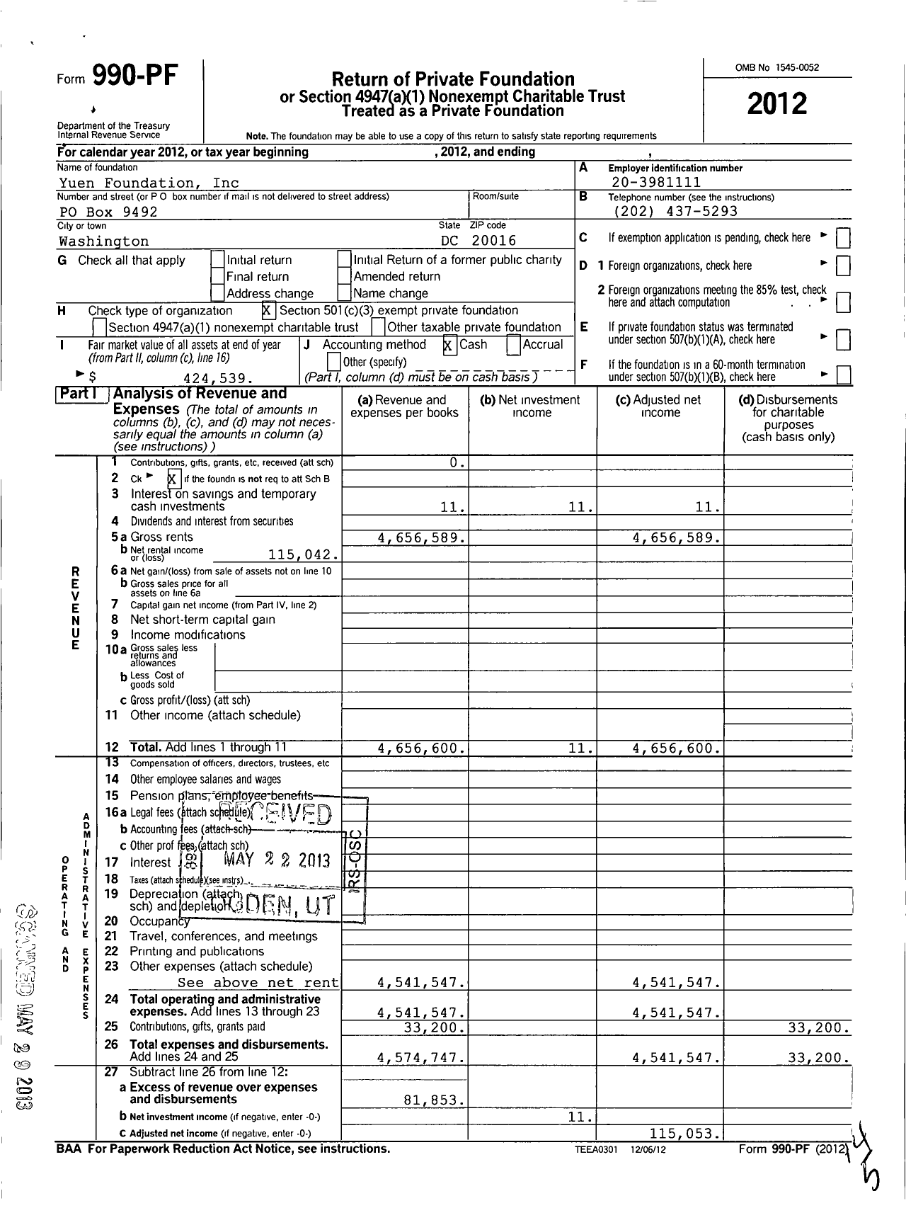 Image of first page of 2012 Form 990PF for Yuen Foundation