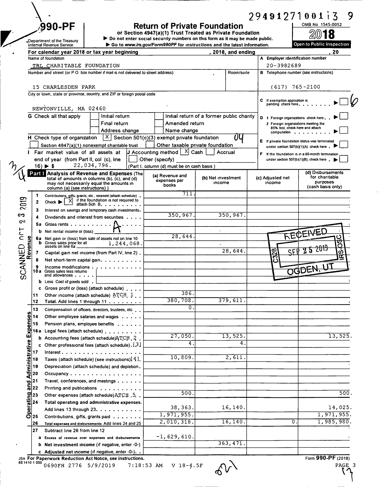 Image of first page of 2018 Form 990PF for TBL Charitable Foundation