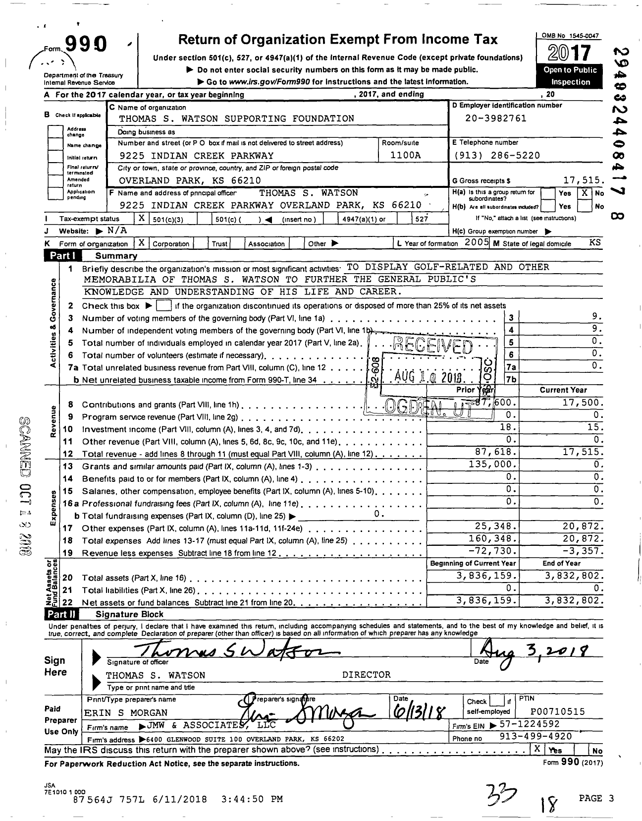 Image of first page of 2017 Form 990 for Thomas S Watson Supporting Foundation