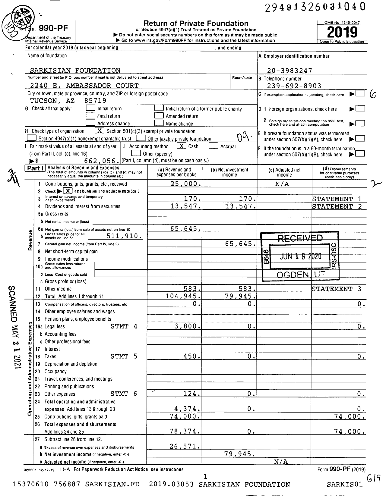 Image of first page of 2019 Form 990PF for Sarkisian Foundation