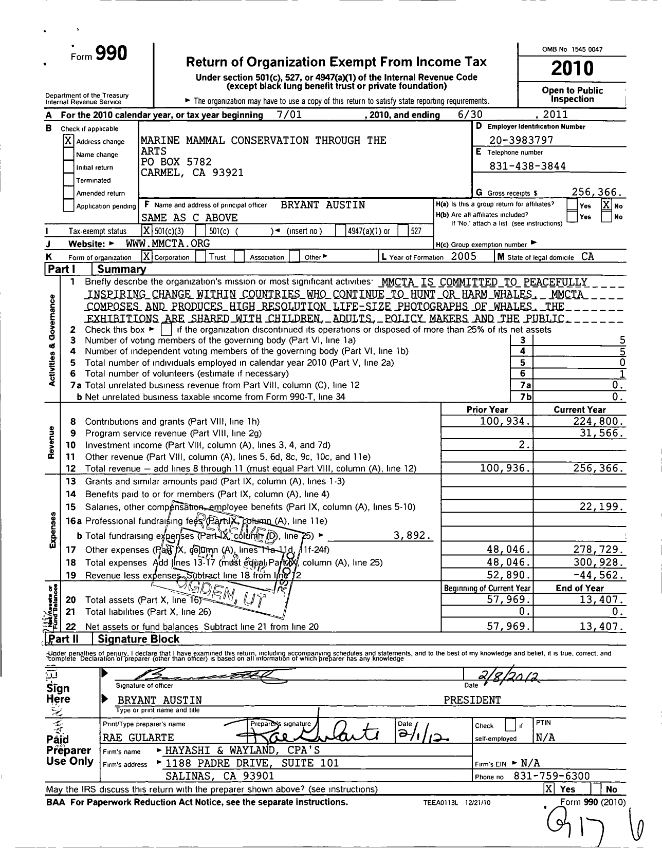 Image of first page of 2010 Form 990 for Marine Mammal Conservation Throughthe Arts