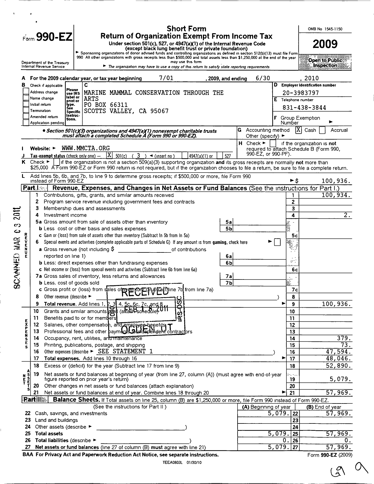 Image of first page of 2009 Form 990EZ for Marine Mammal Conservation Throughthe Arts