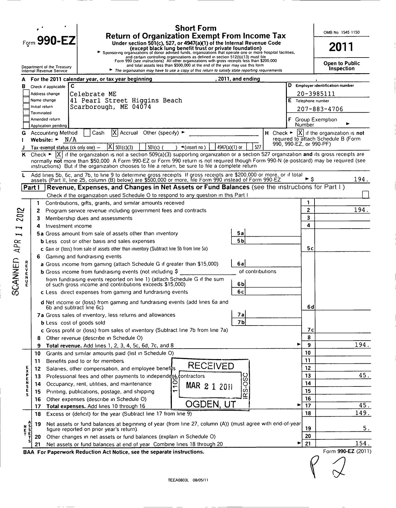 Image of first page of 2011 Form 990EZ for Celebrate Me