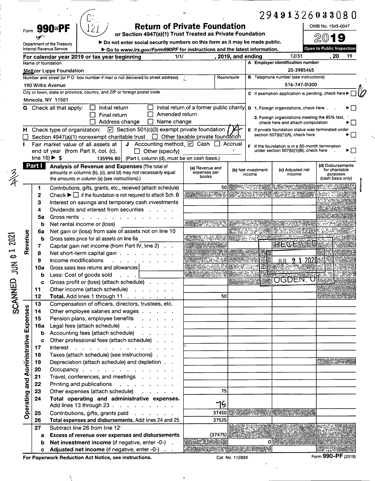 Image of first page of 2019 Form 990PF for Meltzer Lippe Foundation