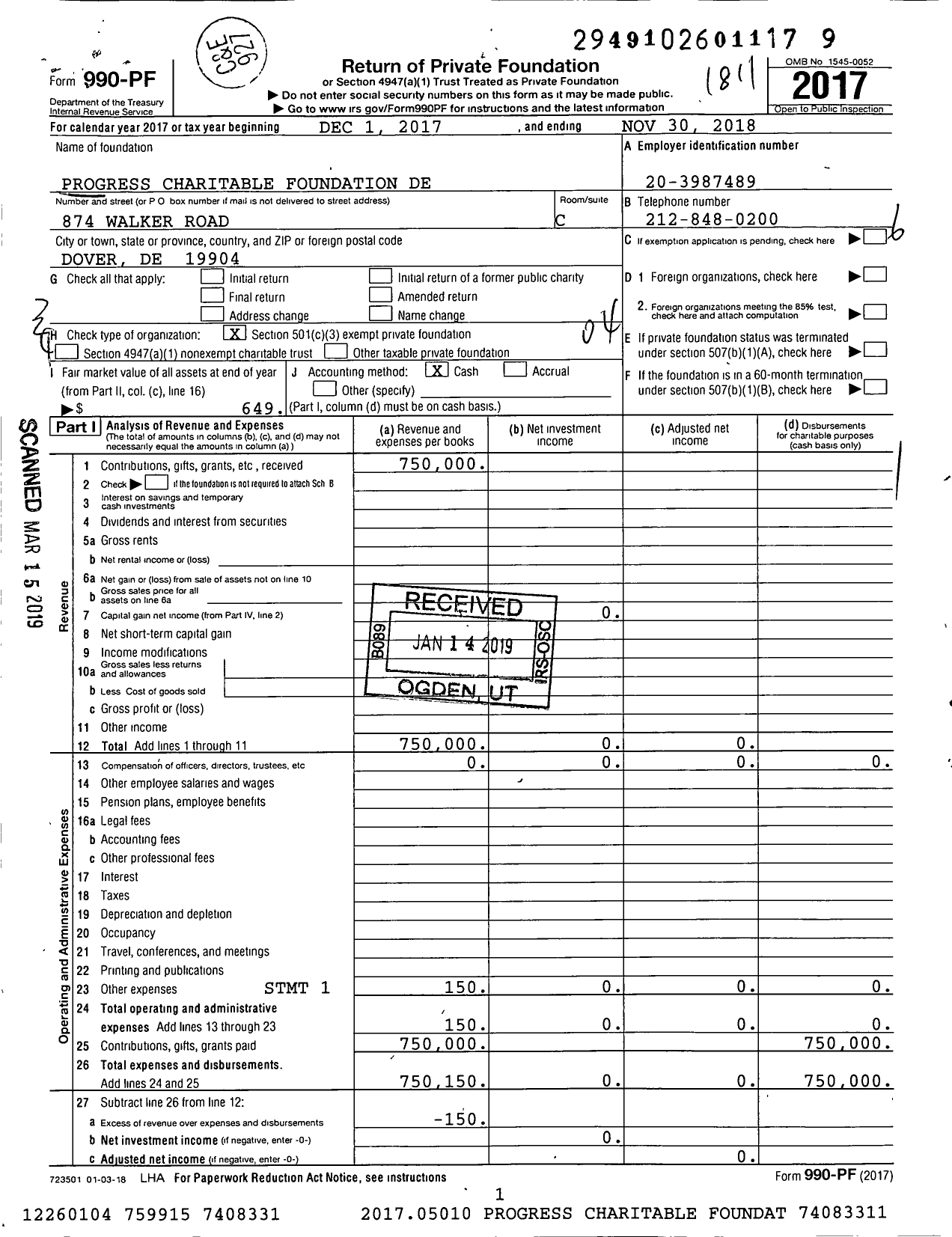 Image of first page of 2017 Form 990PF for Progress Charitable Foundation de