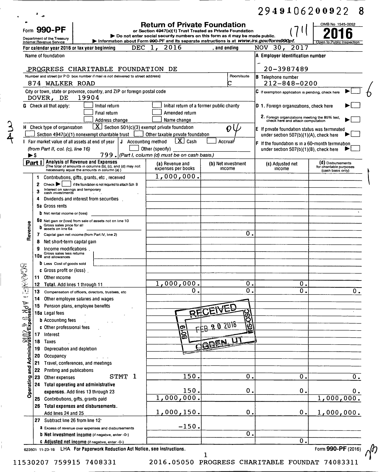 Image of first page of 2016 Form 990PF for Progress Charitable Foundation de