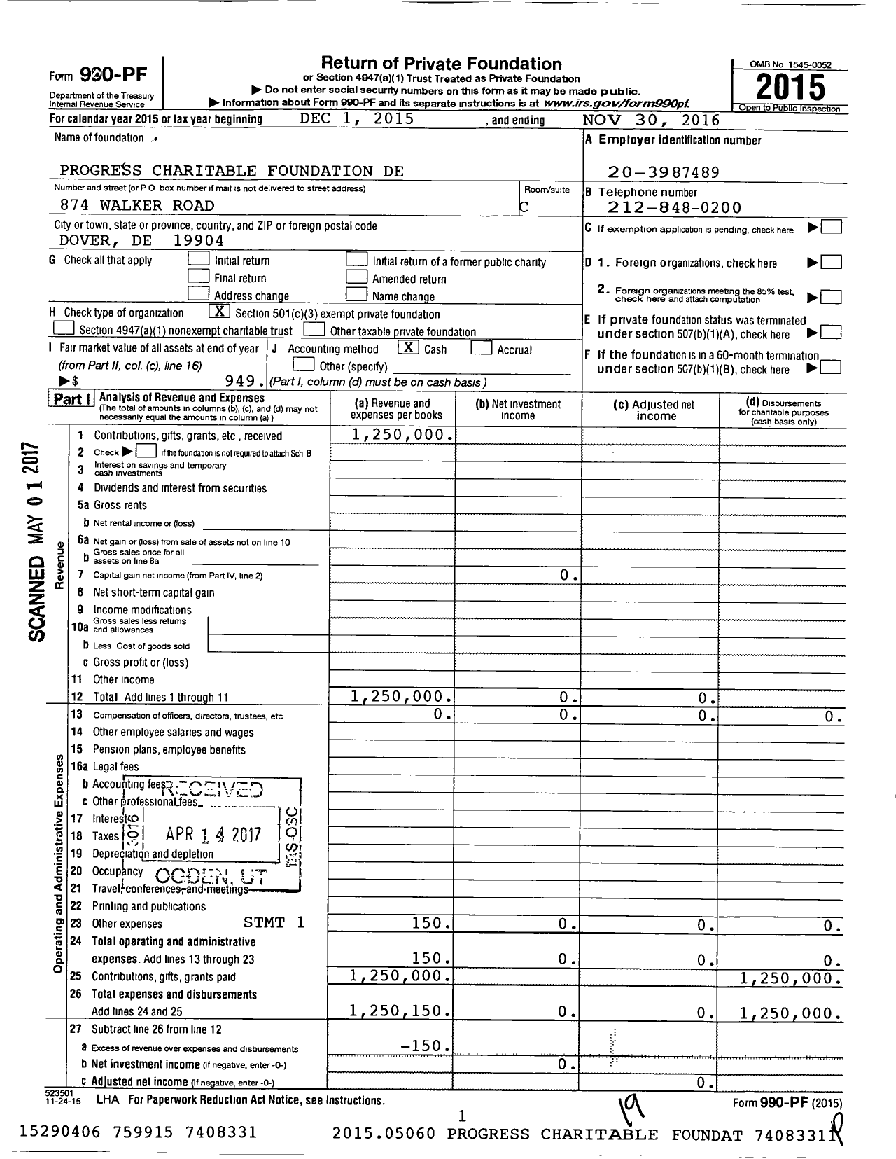 Image of first page of 2015 Form 990PF for Progress Charitable Foundation de