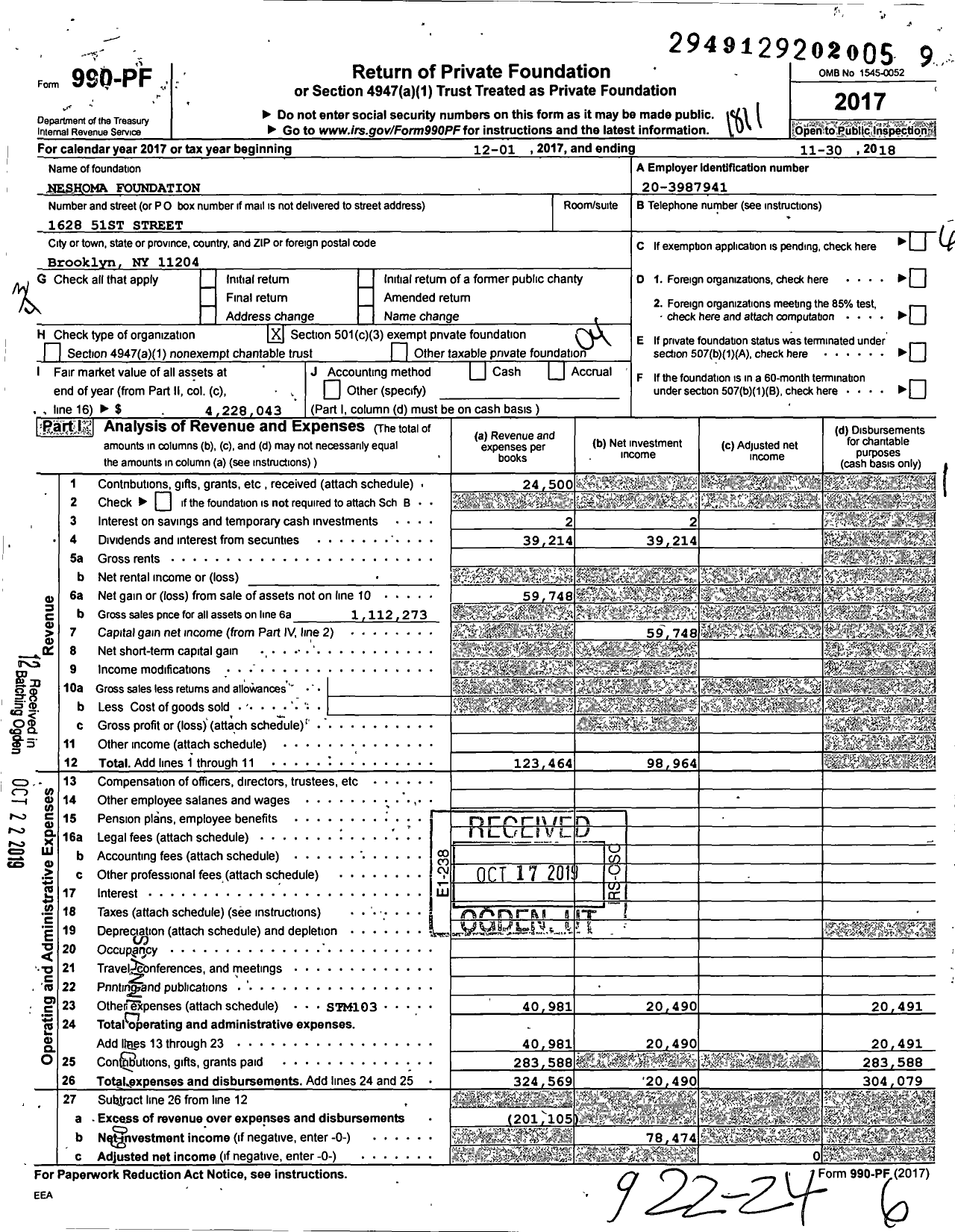 Image of first page of 2017 Form 990PF for Neshoma Foundation