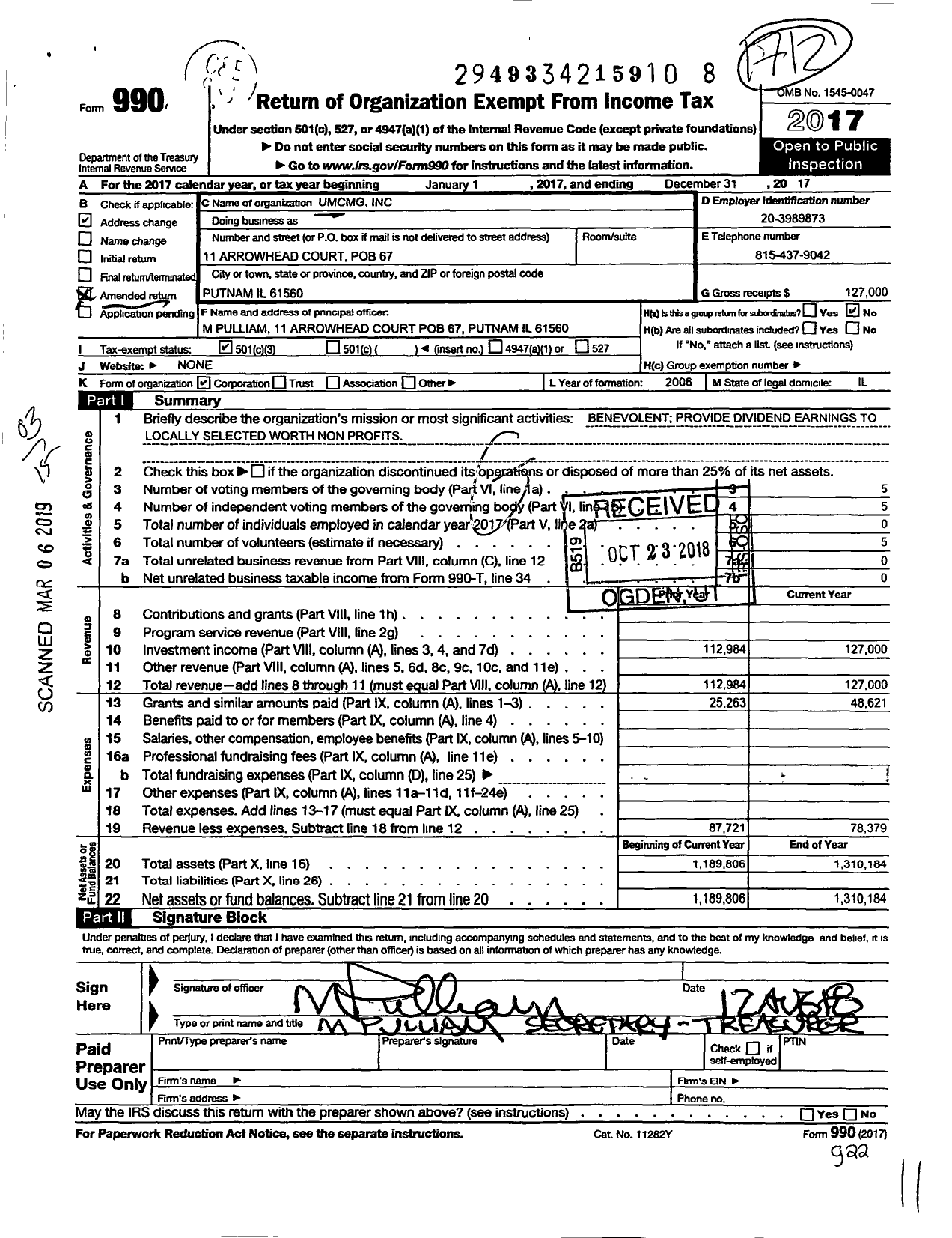 Image of first page of 2017 Form 990 for Umcmg