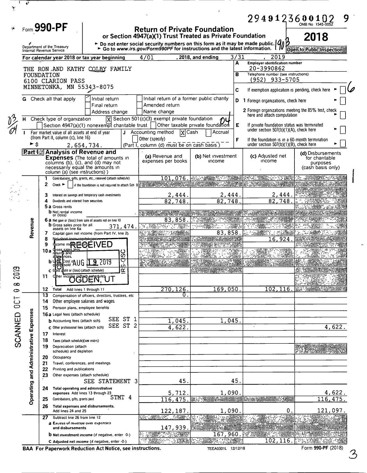 Image of first page of 2018 Form 990PF for The Ron and Kathy Colby Family Foundation