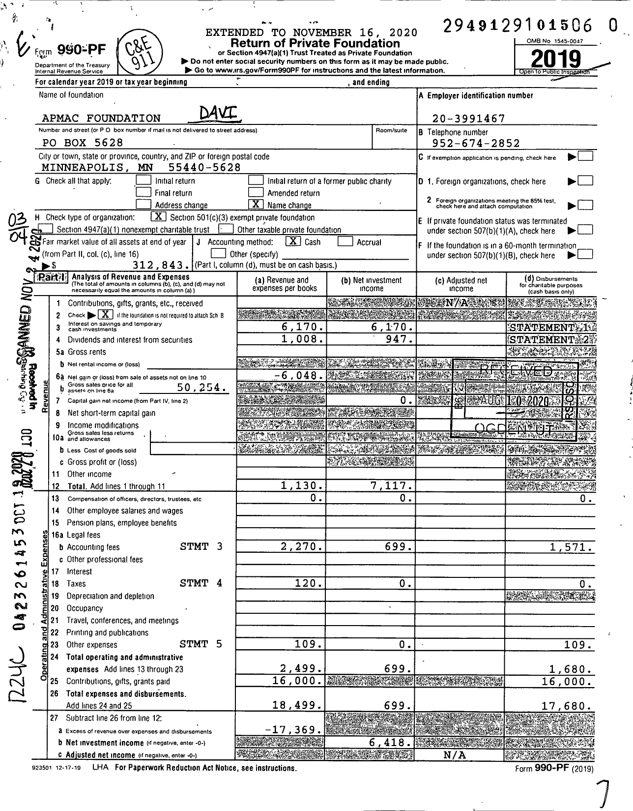 Image of first page of 2019 Form 990PF for Apmac Foundation