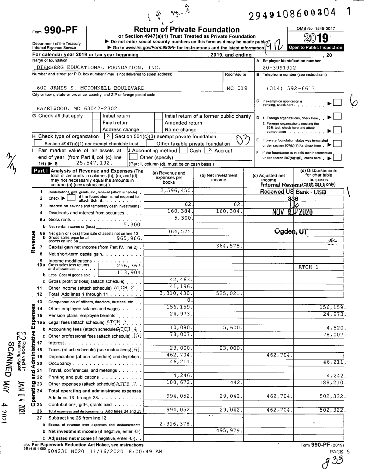 Image of first page of 2019 Form 990PF for Dierberg Educational Foundation