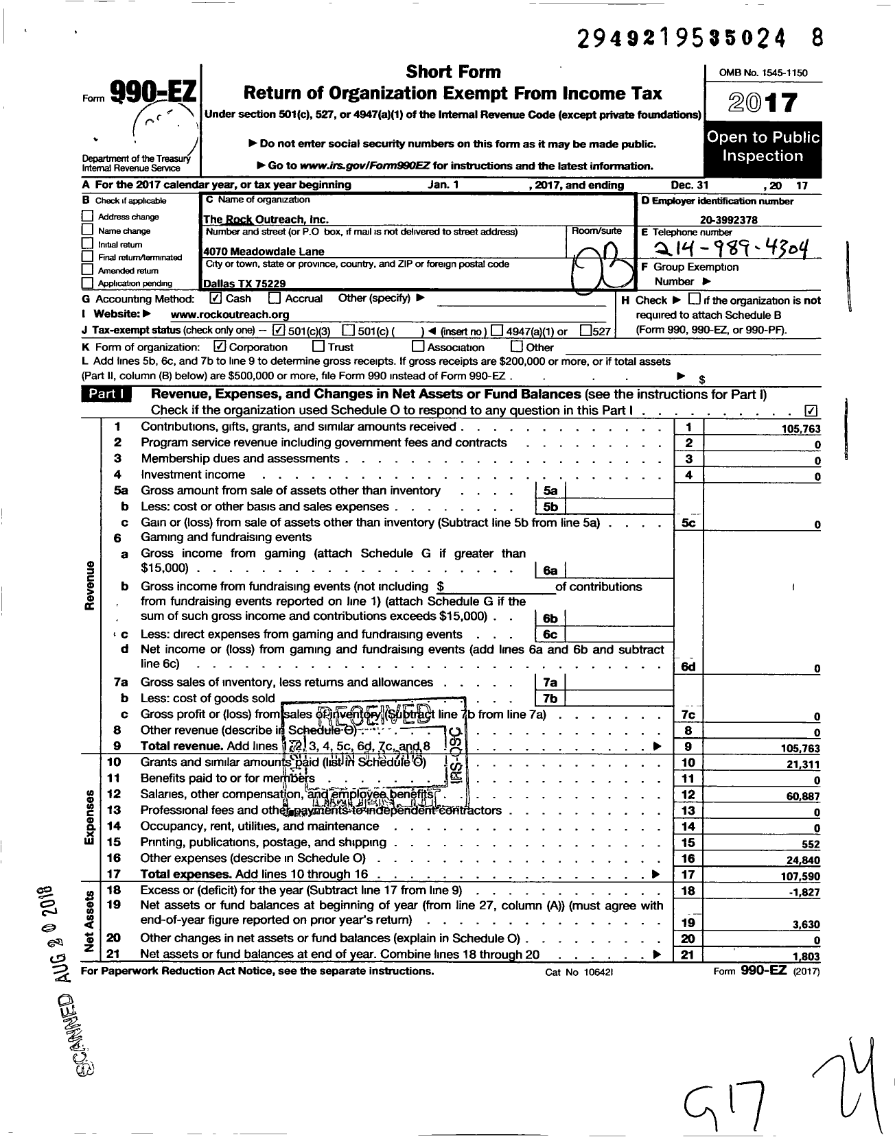 Image of first page of 2017 Form 990EZ for The Rock Outreach