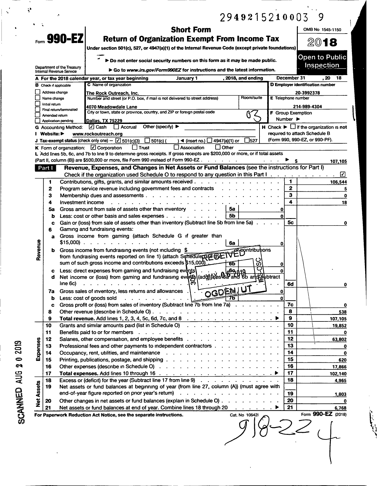 Image of first page of 2018 Form 990EZ for The Rock Outreach