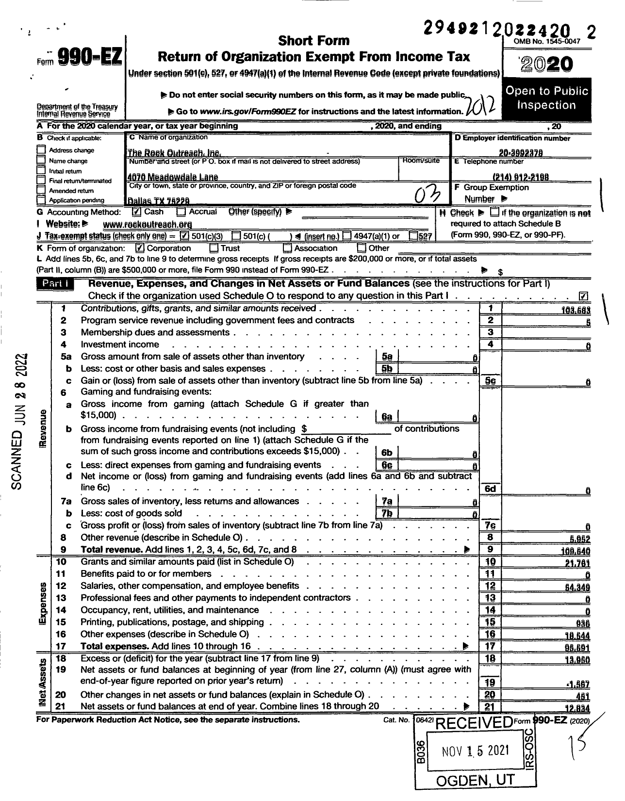 Image of first page of 2020 Form 990EZ for The Rock Outreach