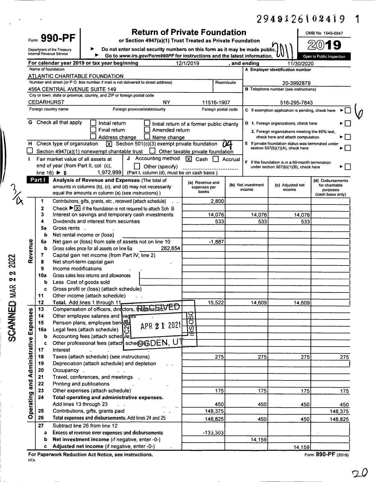 Image of first page of 2019 Form 990PF for Atlantic Charitable Foundation