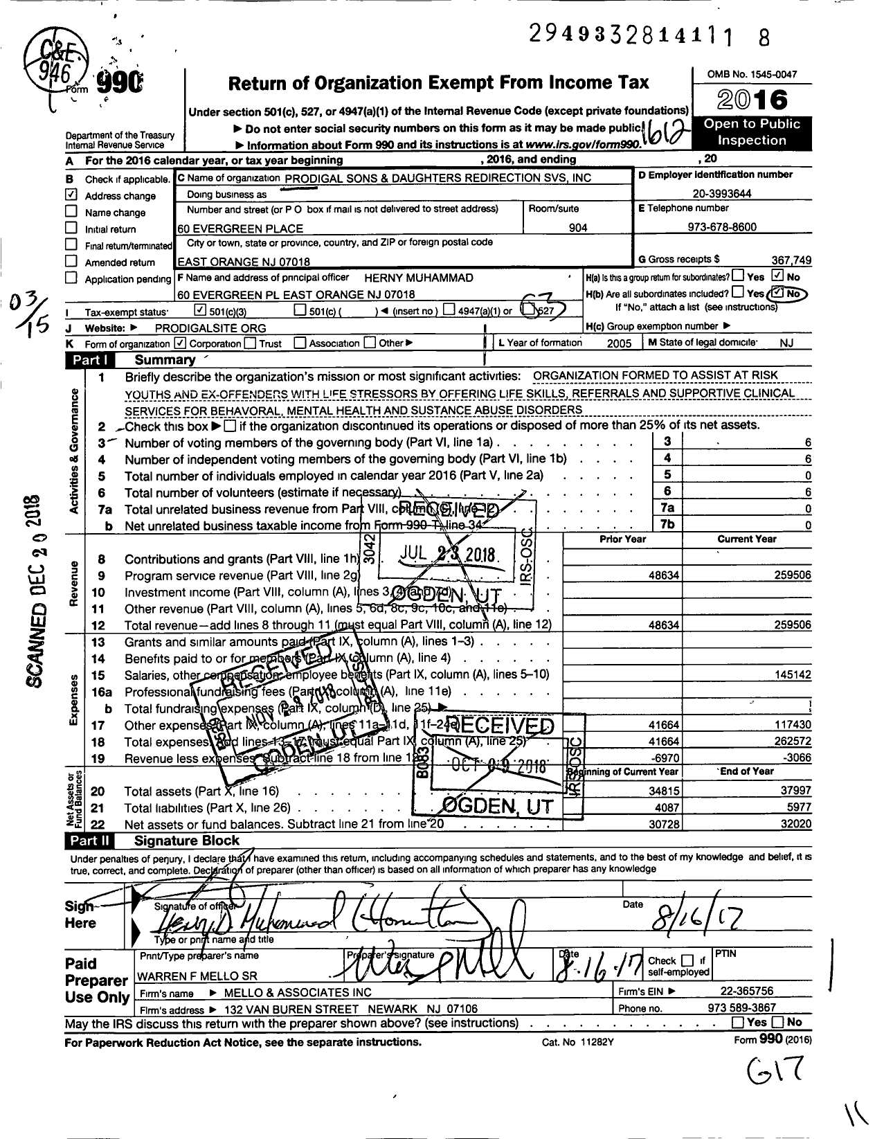 Image of first page of 2016 Form 990 for Prodigal Sons and Daughters Redirection Services