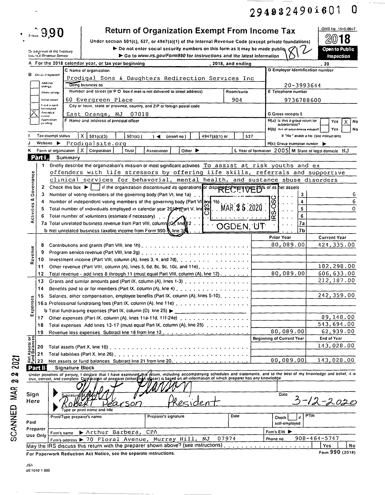 Image of first page of 2018 Form 990 for Prodigal Sons and Daughters Redirection Services