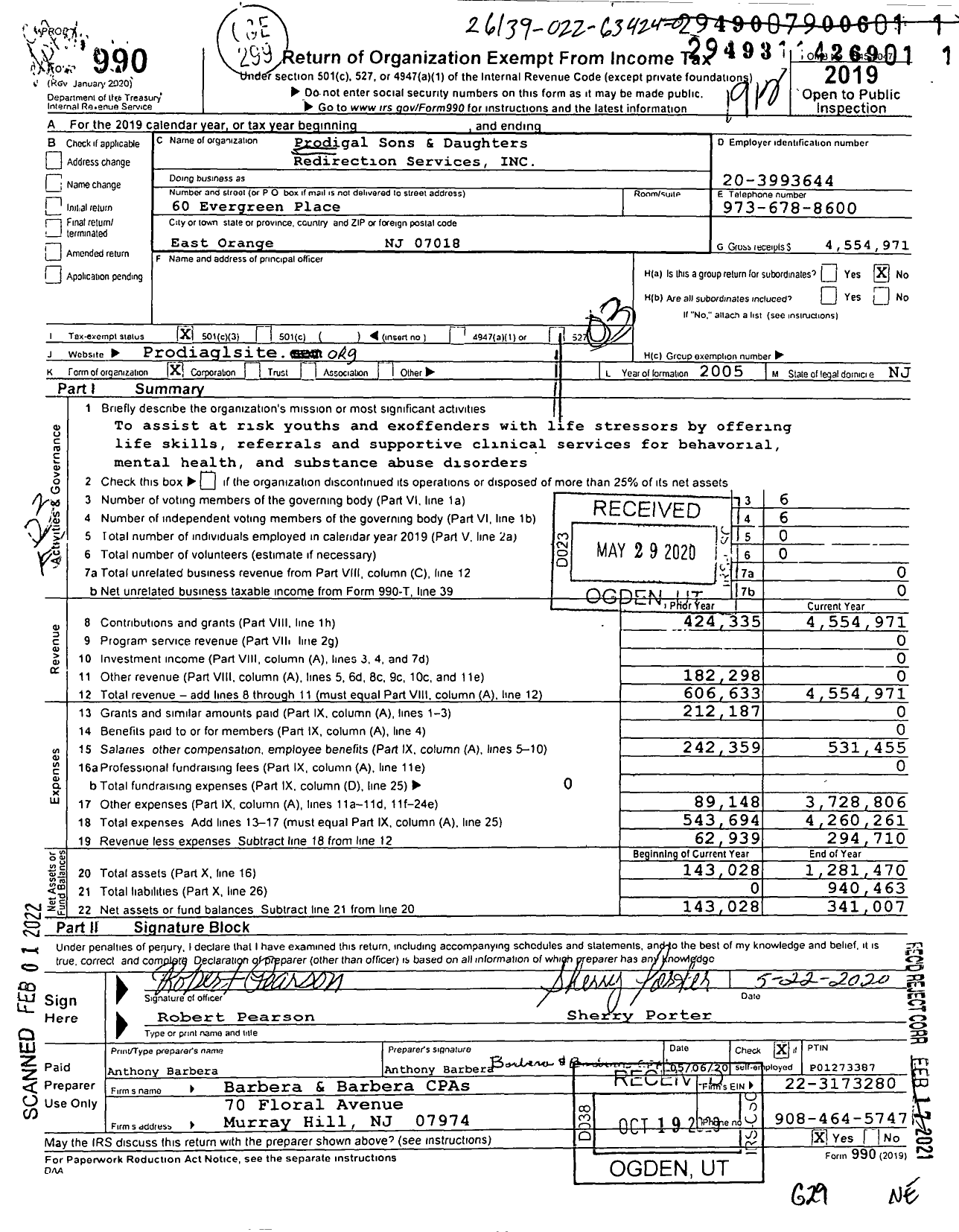 Image of first page of 2019 Form 990 for Prodigal Sons and Daughters Redirection Services