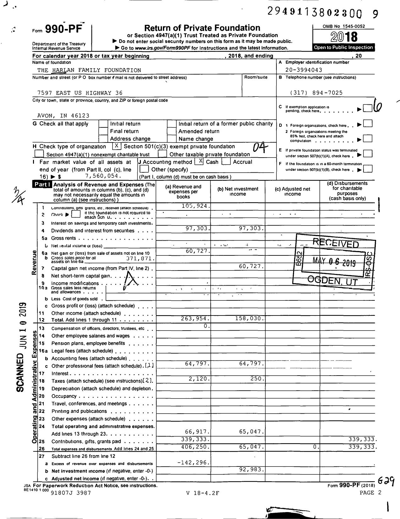 Image of first page of 2018 Form 990PF for The Harlan Family Foundation