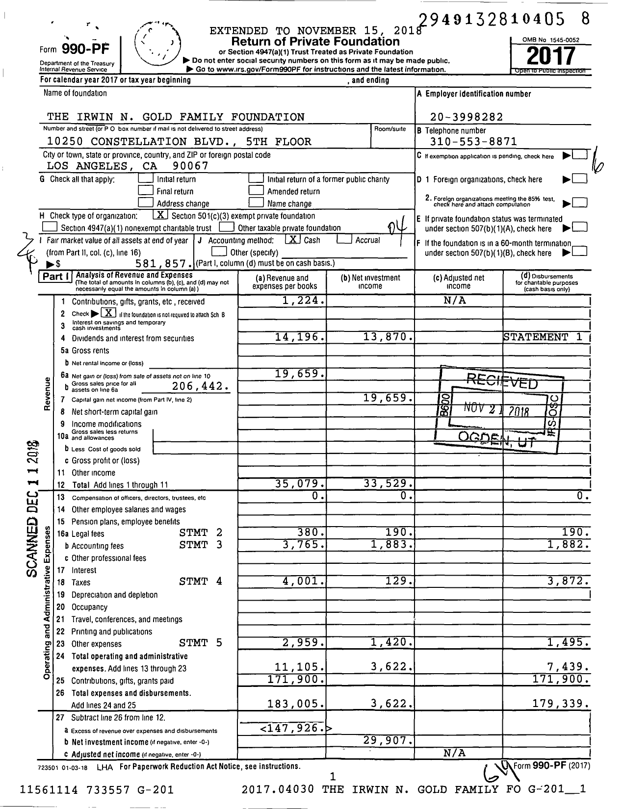 Image of first page of 2017 Form 990PF for The Irwin N Gold Family Foundation