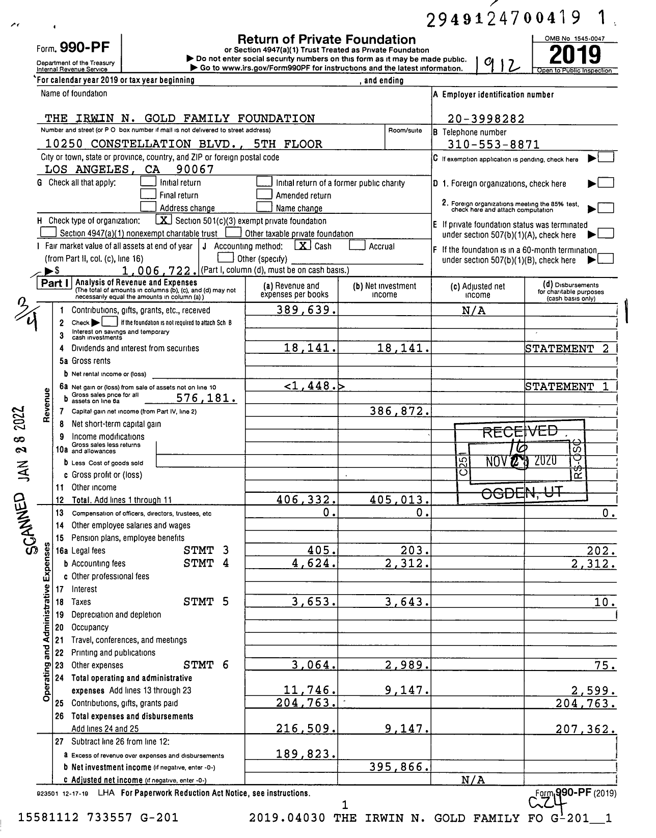 Image of first page of 2019 Form 990PF for The Irwin N Gold Family Foundation