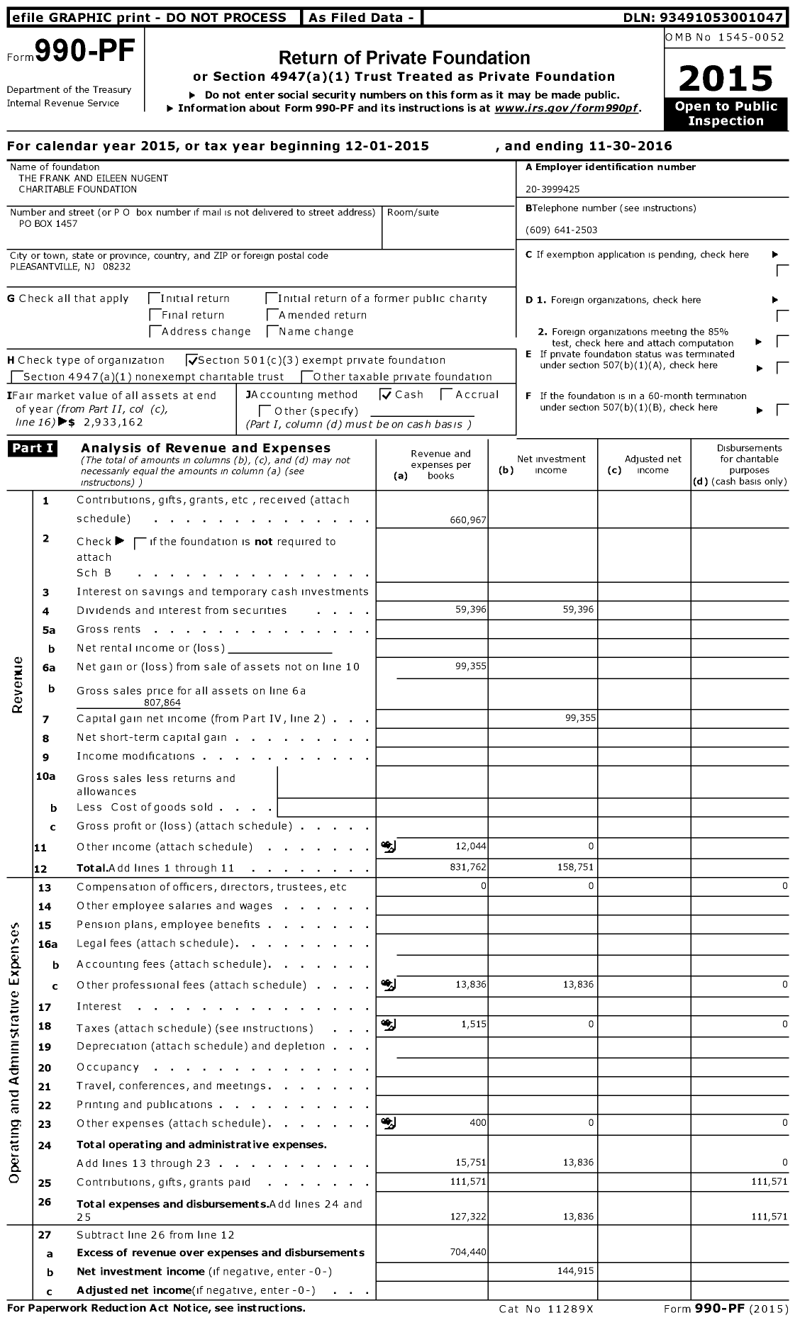 Image of first page of 2015 Form 990PF for The Frank and Eileen Nugent Charitable Foundation