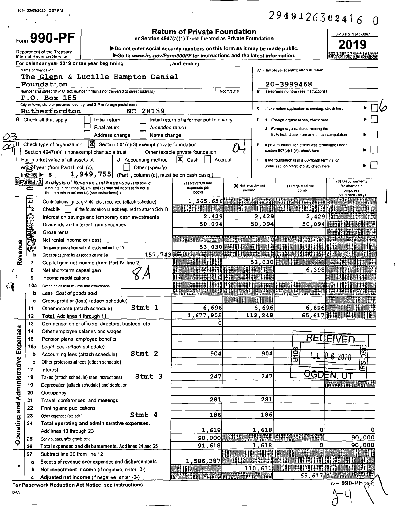 Image of first page of 2019 Form 990PF for The Glenn and Lucille Hampton Daniel Foundation