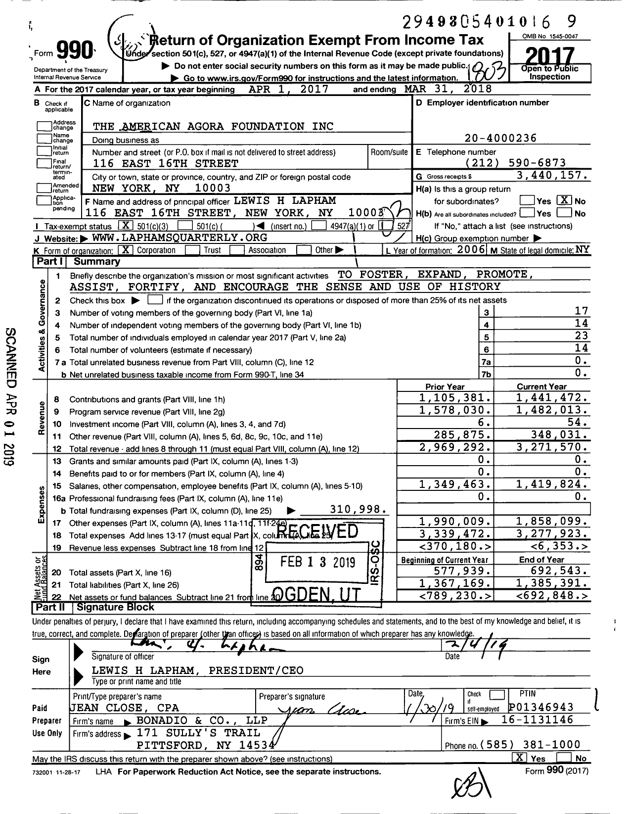 Image of first page of 2017 Form 990 for The American Agora Foundation