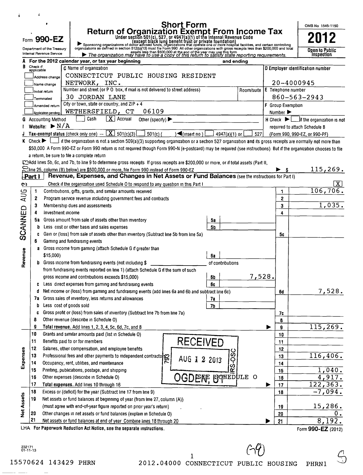 Image of first page of 2012 Form 990EZ for Connecticut Publicly-Assisted Housing Resident Network