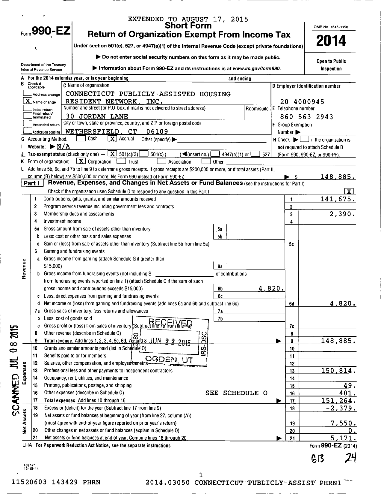 Image of first page of 2014 Form 990EZ for Connecticut Publicly-Assisted Housing Resident Network