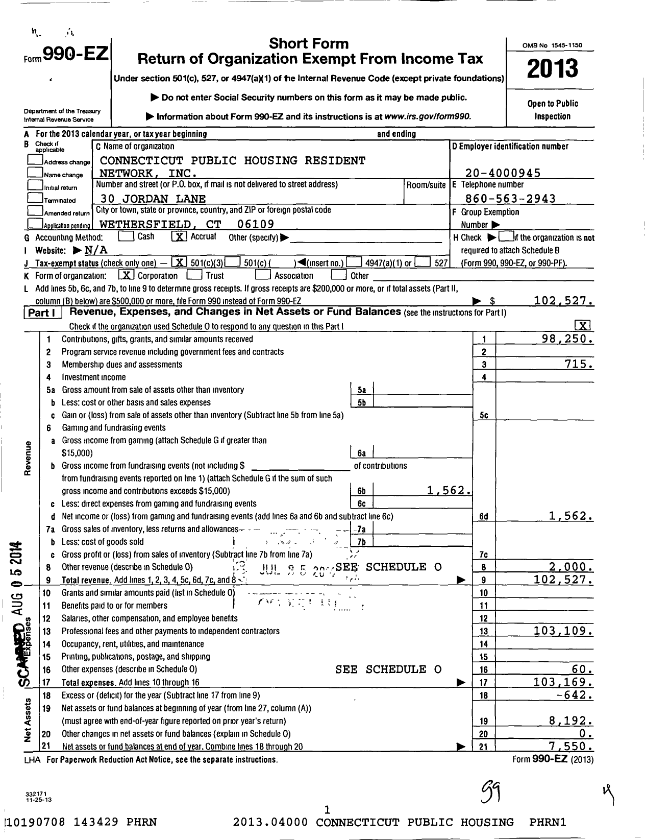 Image of first page of 2013 Form 990EZ for Connecticut Publicly-Assisted Housing Resident Network